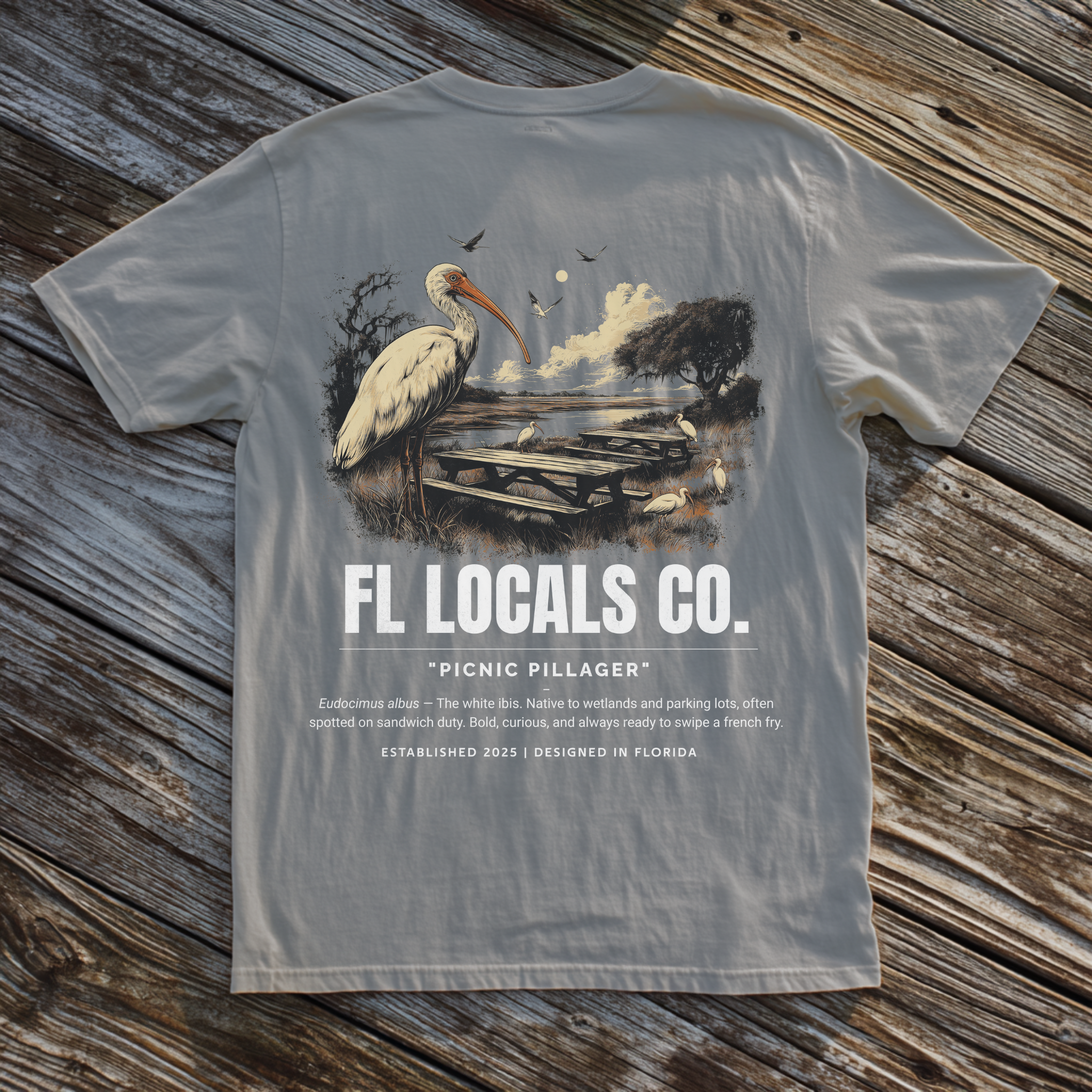 White Ibis | "Picnic Pillagers" | FL Locals Co. | Comfort Colors® Vintage Florida Wildlife Tee