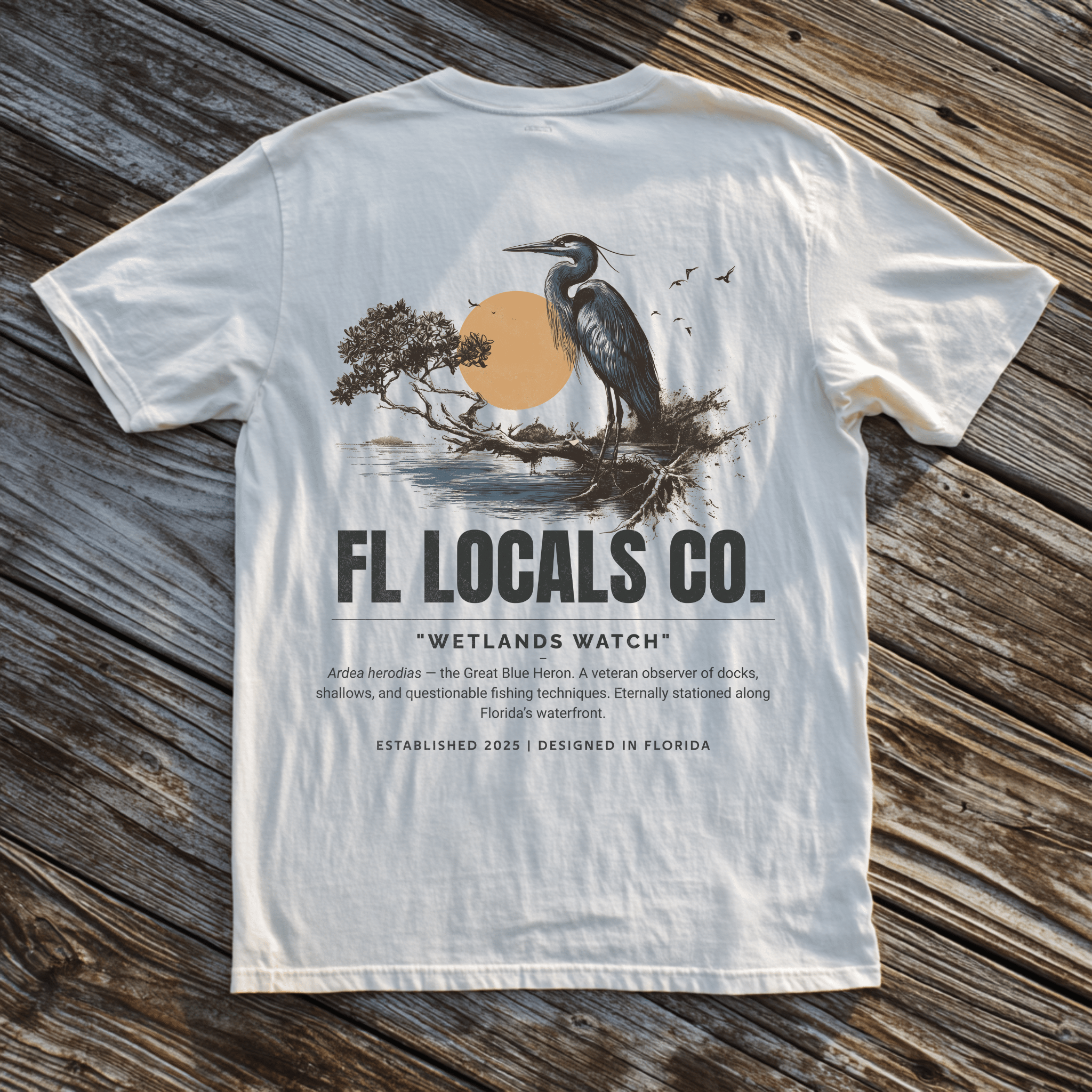 Great Blue Heron | "Wetlands Watch" | FL Locals Co. | Comfort Colors® Vintage Florida Wildlife Tee - Florida Locals Co.