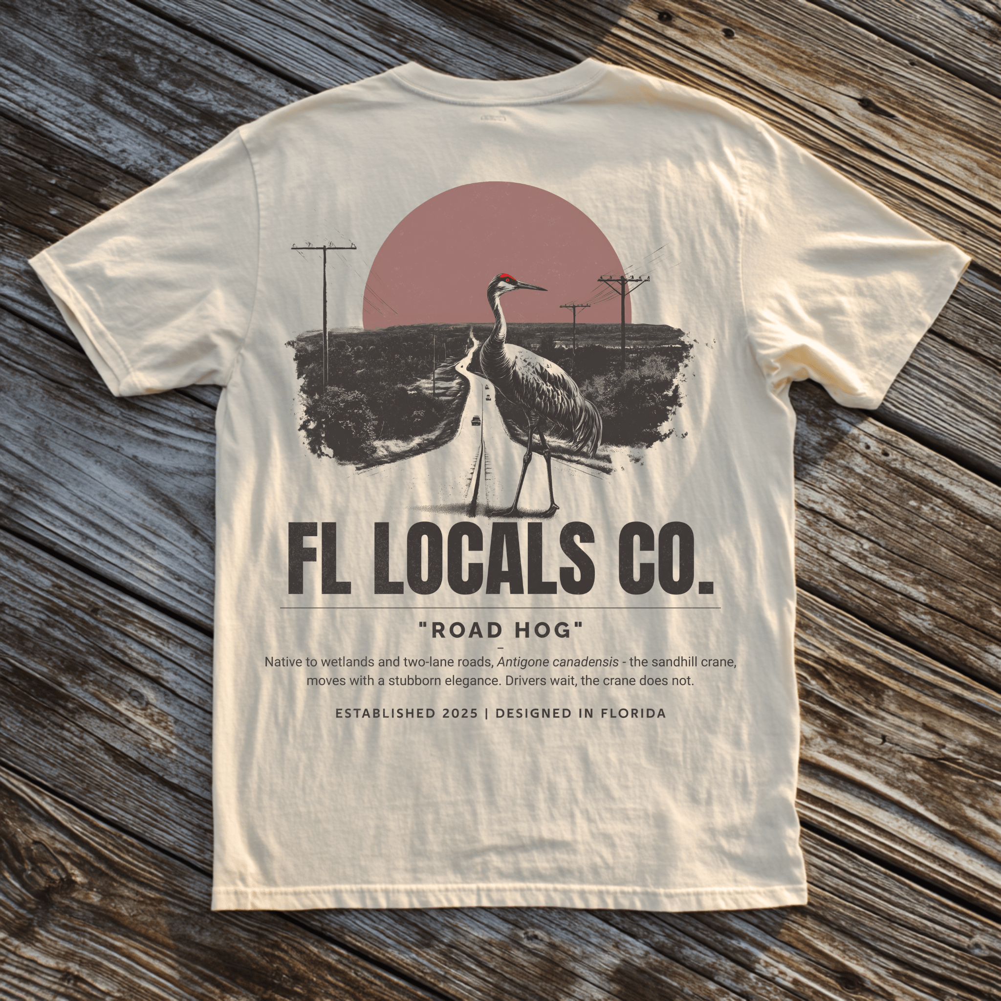 Sandhill Crane | "Road Hog" | FL Locals Co. | Comfort Colors® Vintage Florida Wildlife Tee - Florida Locals Co.